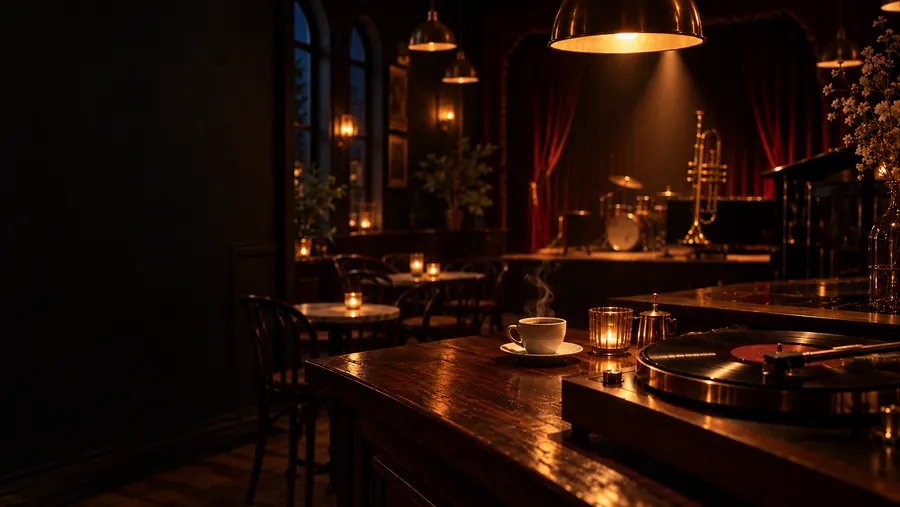 A mesma sala à noite: velas nas mesas, luminárias acesas e a cortina aberta sobre o palco com bateria e trompete.