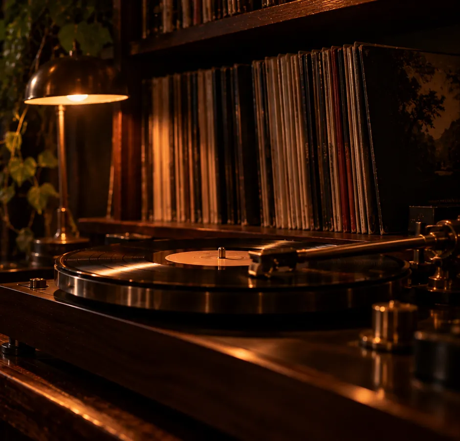 Vitrola tocando um disco ao lado de uma estante de LPs, sob uma luminária de latão.